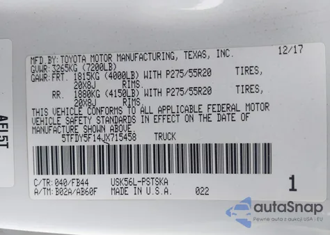 2018 Toyota Tundra Sr5 5.7L V8 из США, поврежденный, VIN 5TFDY5F14JX715458